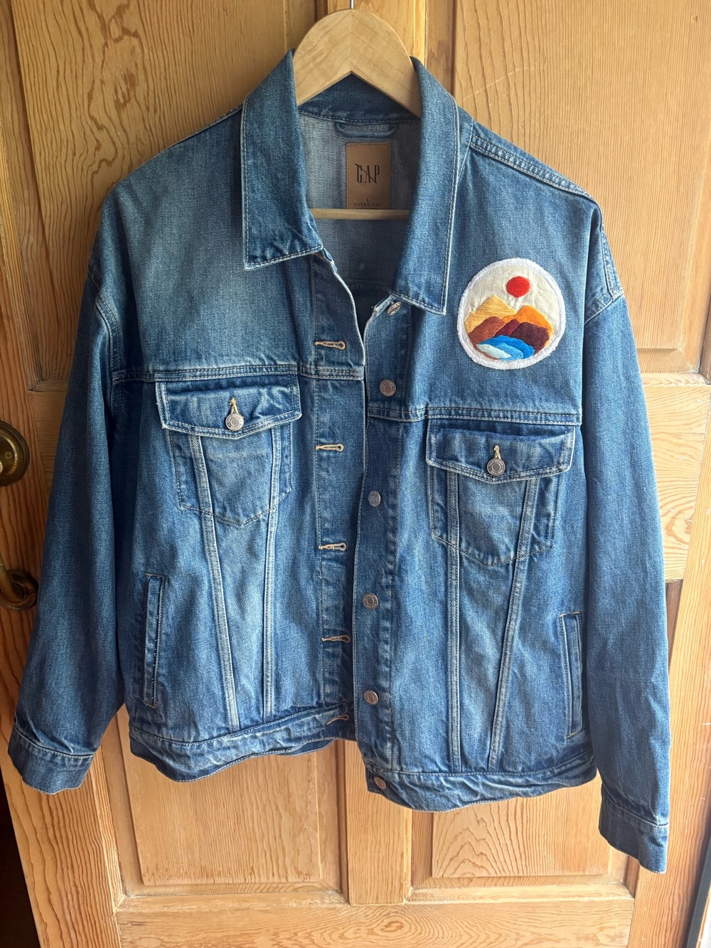 Upcycled 100% Cotton Gap Denim Jacket | size large | hand embroidered patch
